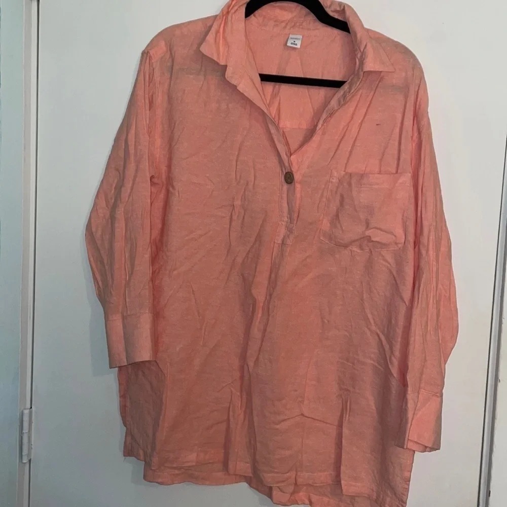 NWT Old Navy Womens Med Peach Linen Blend 3/4 sleeve‎ popover top office casual
